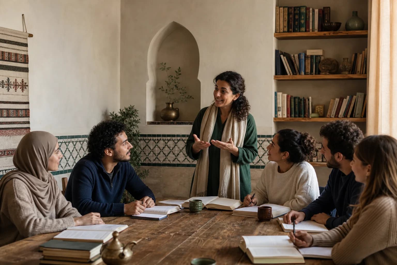 Une enseignante anime un cours d’arabe chaleureux en petit groupe