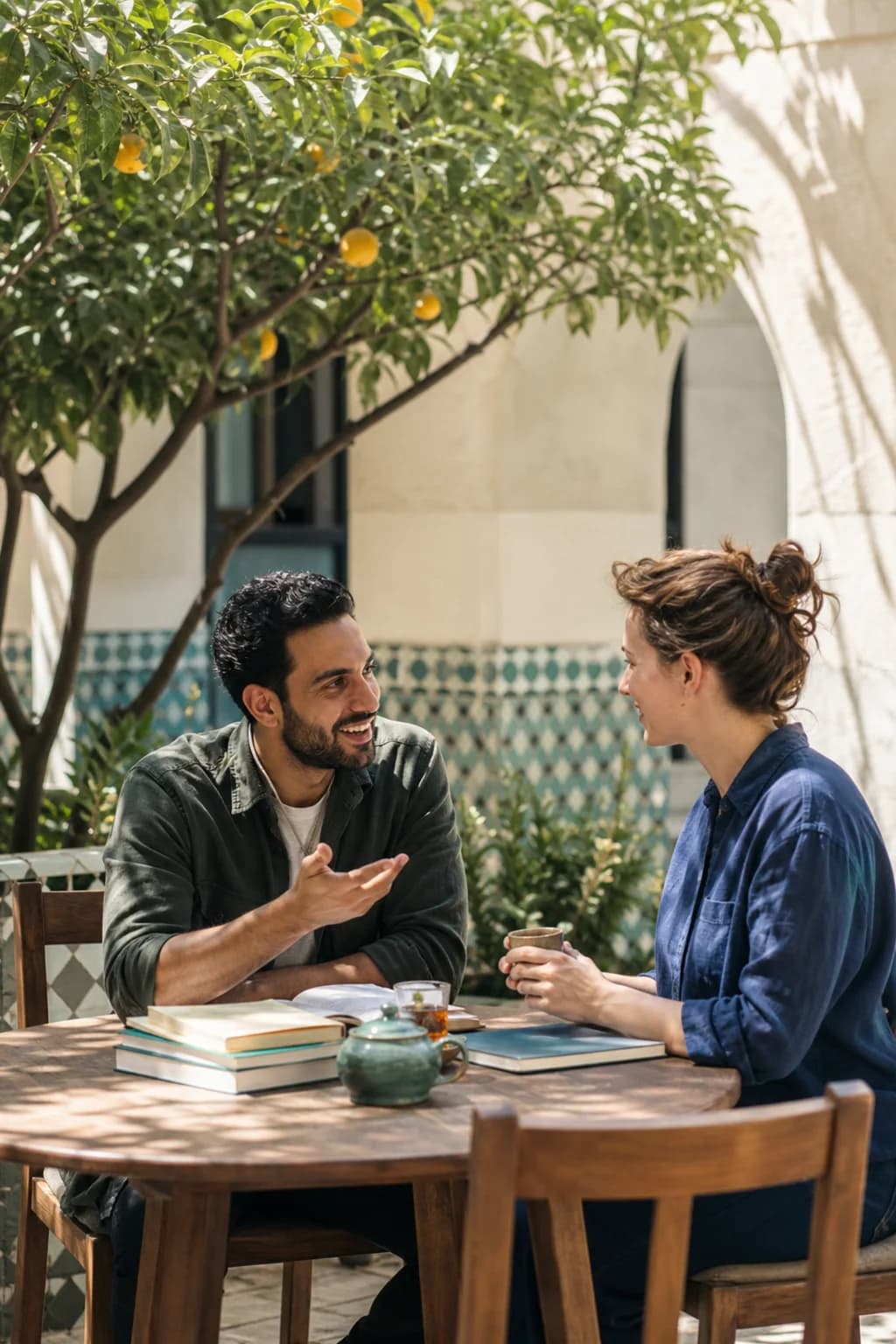Deux adultes pratiquent une conversation en arabe autour de livres