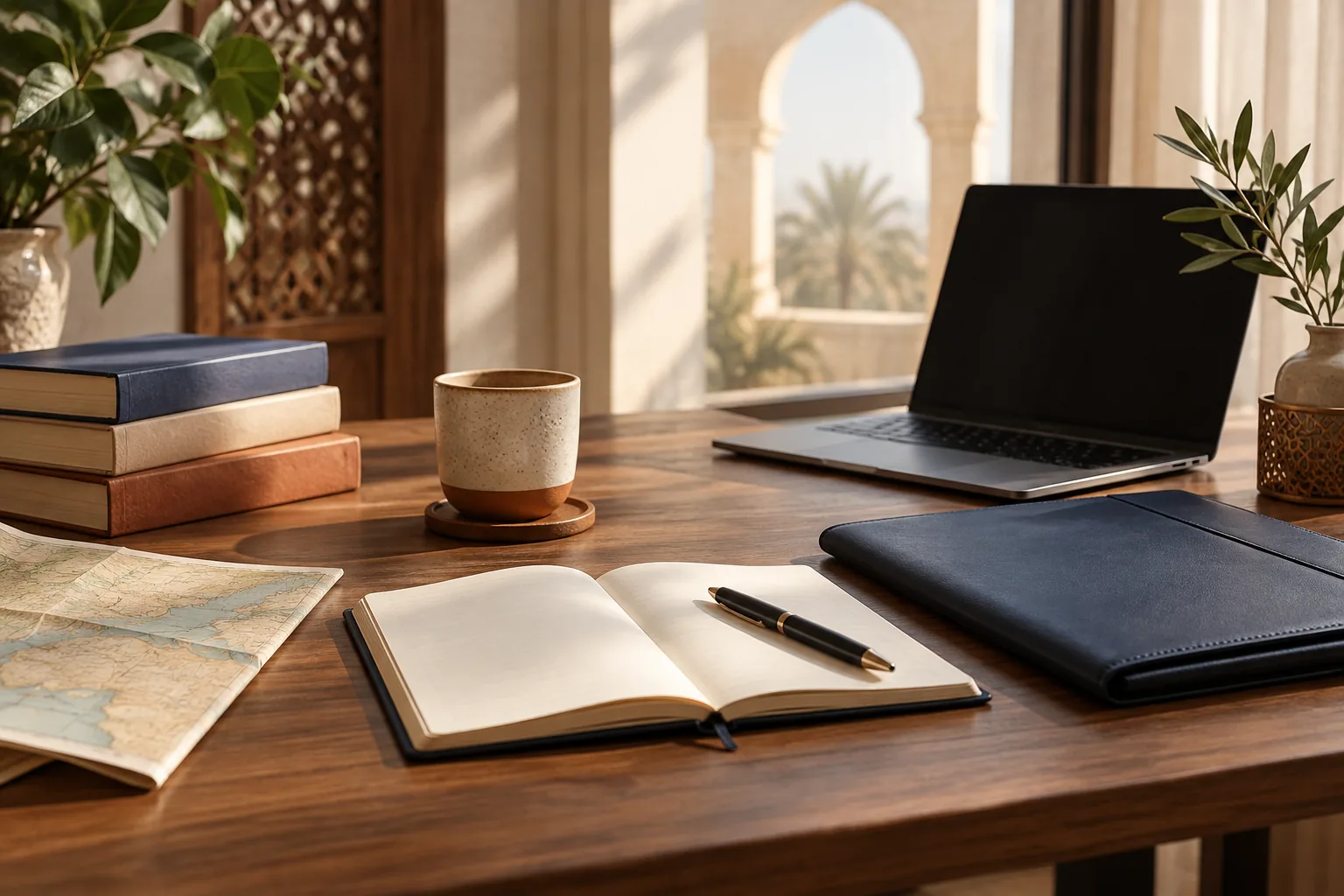 Work desk with a blank notebook, portfolio, and laptop