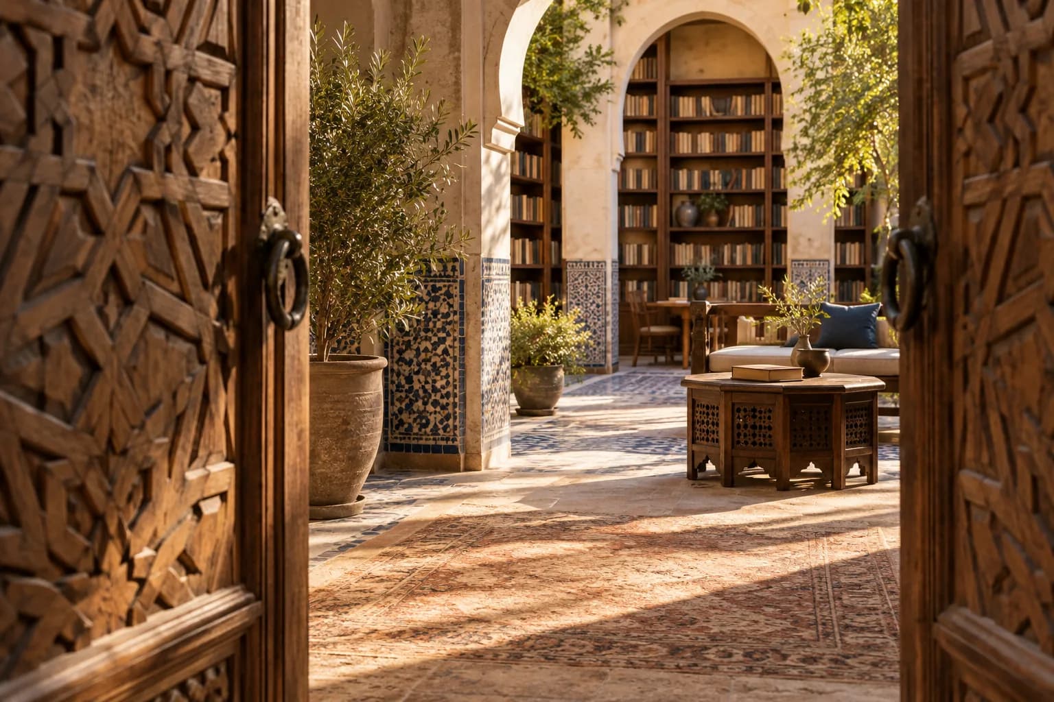 Open carved doors leading into a sunlit library courtyard