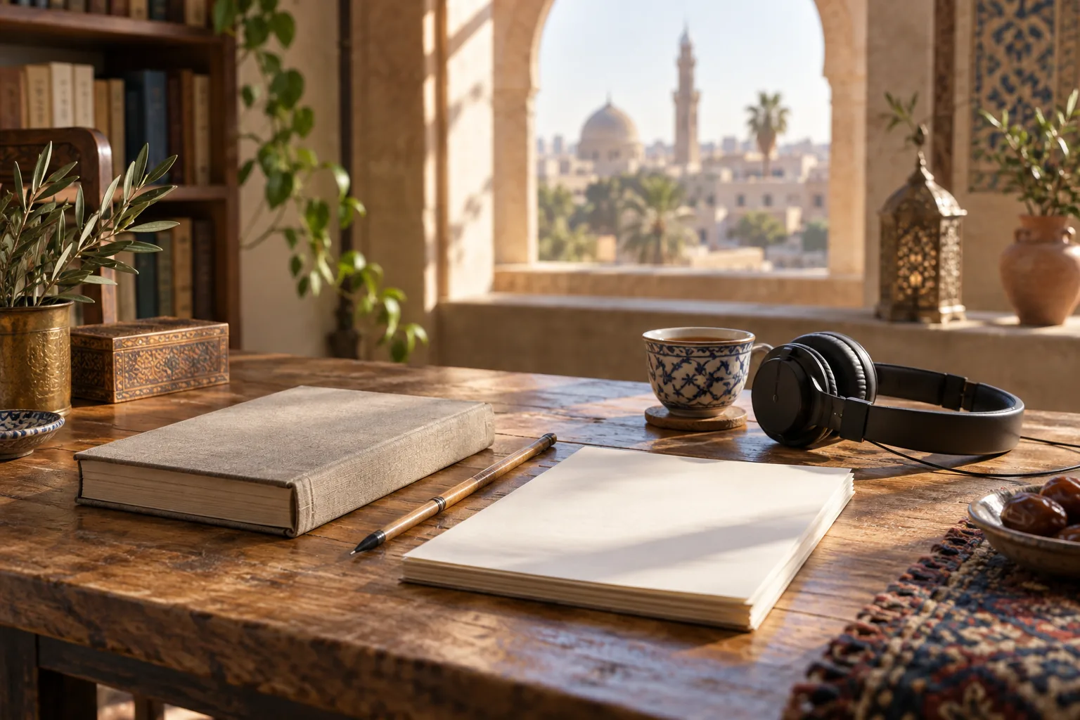 Study table with a book, blank notebook, and headphones